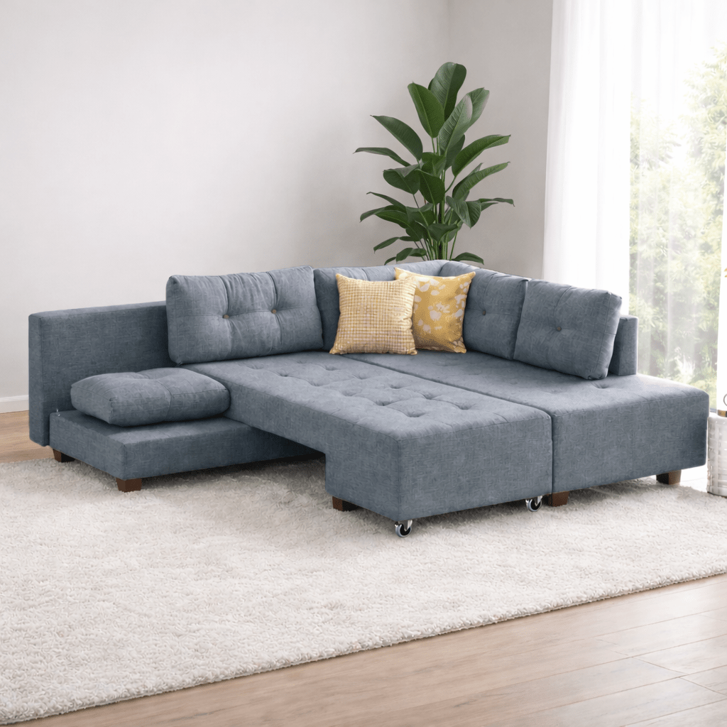 Slaapbank lichtblauw stof - XL 280x206 cm - met wielen - Rechts - Manama