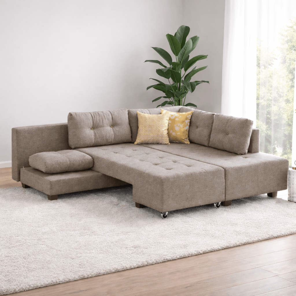Banken - Slaapbank taupe stof - XL 280x206 cm - met wielen - Rechts - Manama - Dimehouse
