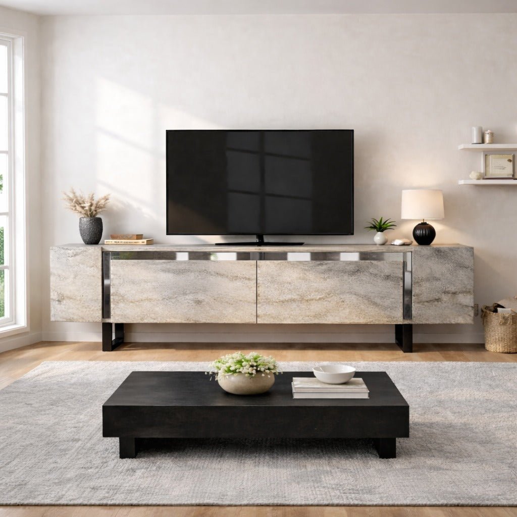 TV Meubel Travertijn Yildiz 180x50x30 - Zilver Frame