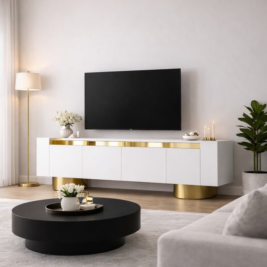 TV Meubels - TV Meubel Wit Bohem 180x50x30 - Gouden Frame - Dimehouse