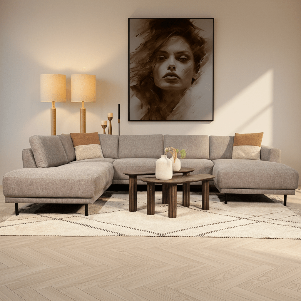 Moderne U-Bank Hoekbank Links Taupe Stof Aniko 310x197x78 cm