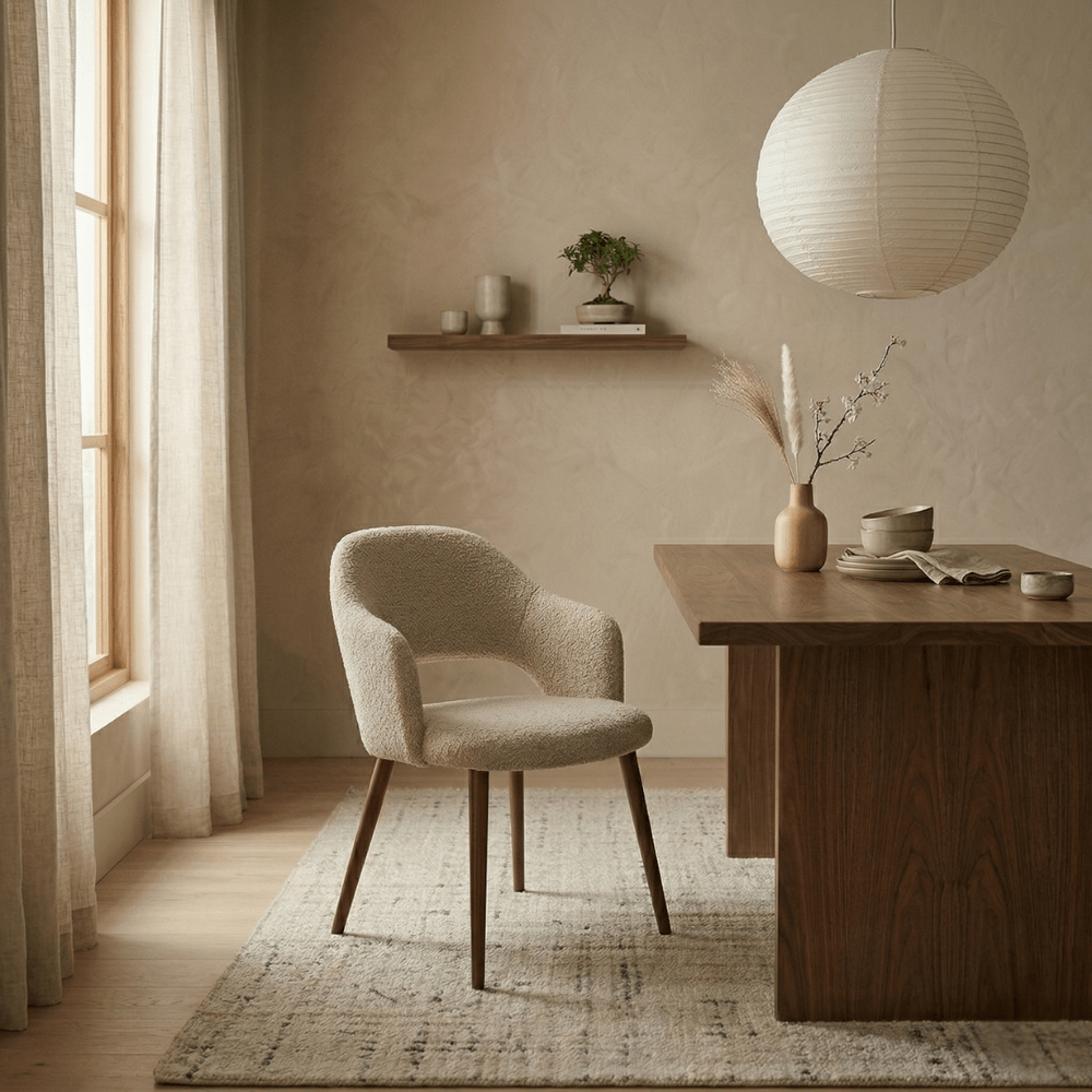 Eetkamerstoelen - Japandi eetkamerstoel zandkleur bouclé Aki - walnoot frame - met armleuning - Dimehouse