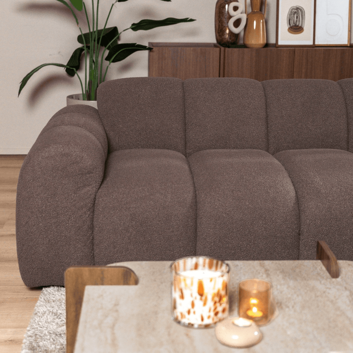 Banken-Hoekbank met lounge zacht bruin bouclé stof - strepen - rechts - Brix-Dimehouse