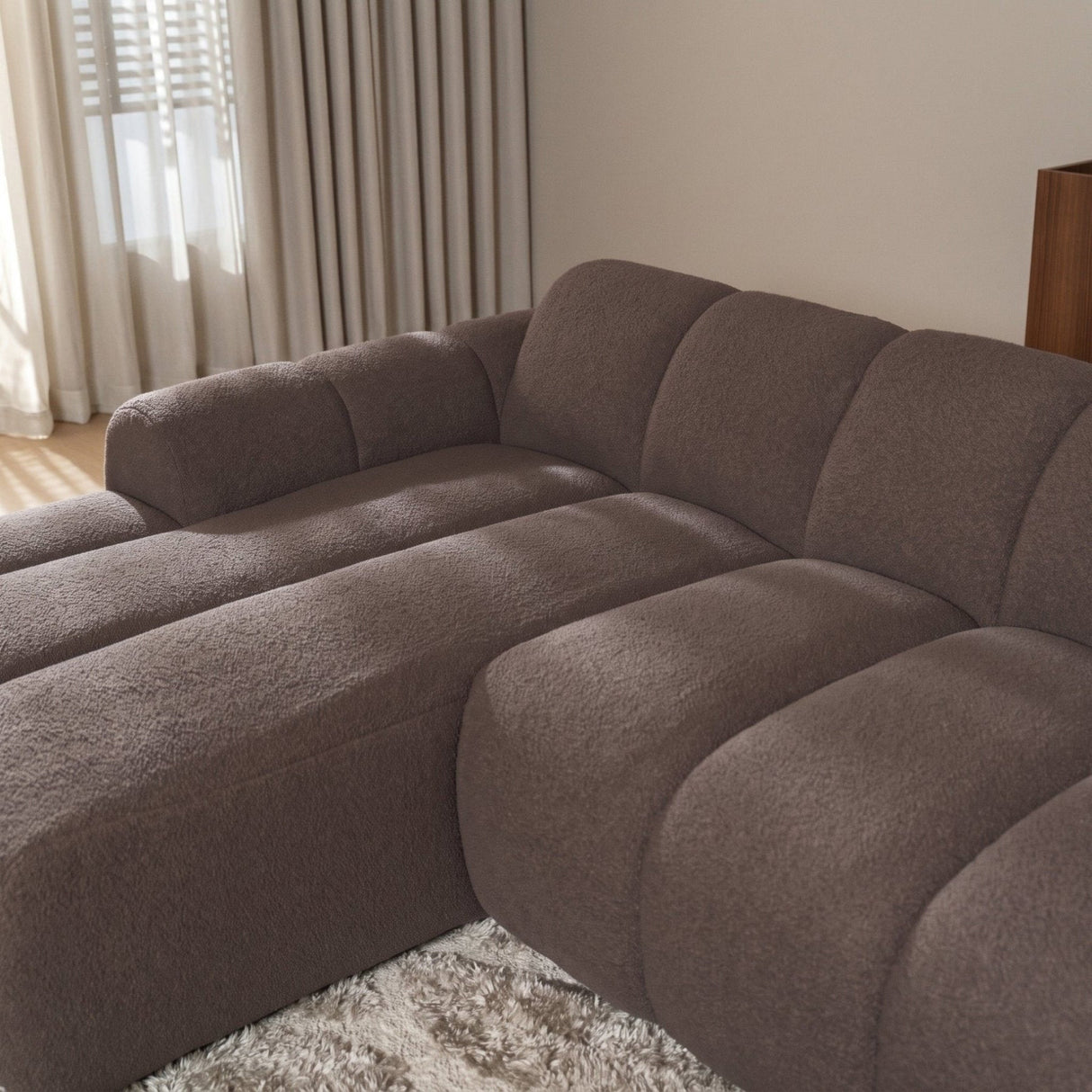 Banken-Hoekbank met lounge zacht bruin bouclé stof - strepen - links - Brix-Dimehouse