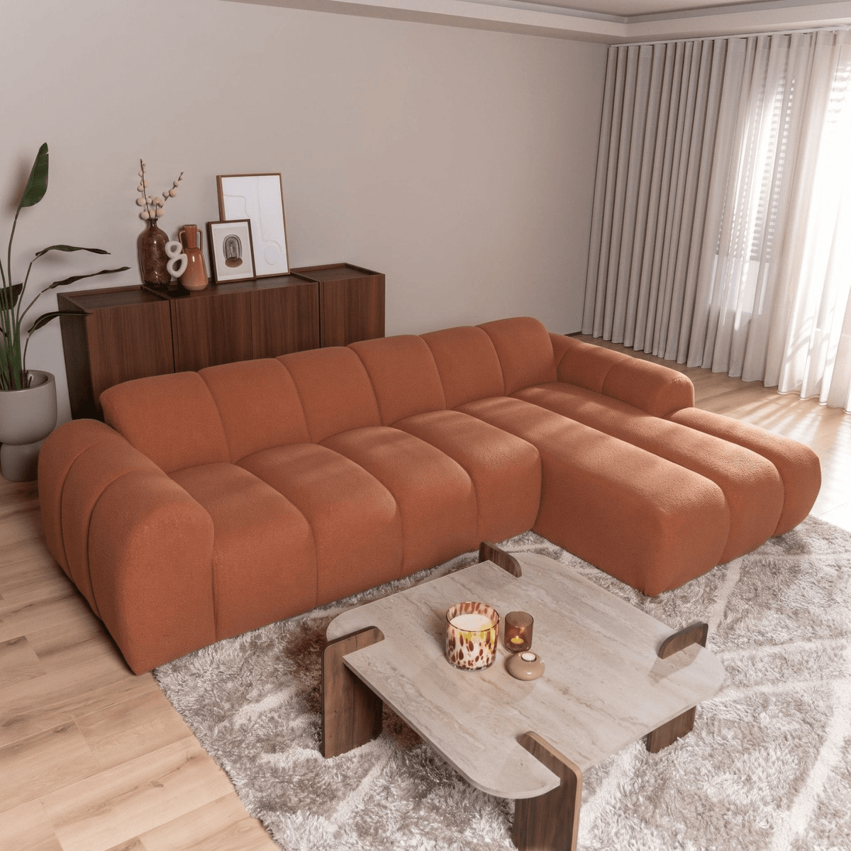 Banken-Hoekbank met lounge koper bouclé stof - strepen - rechts - Brix-Dimehouse