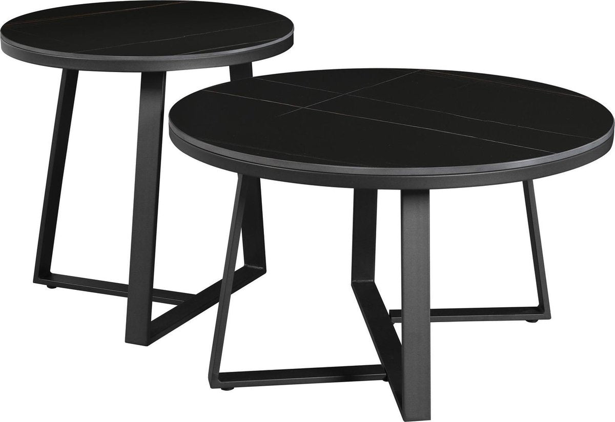 Salontafel Set van 2 Tanner Rond Marmerlook Zwart Rond