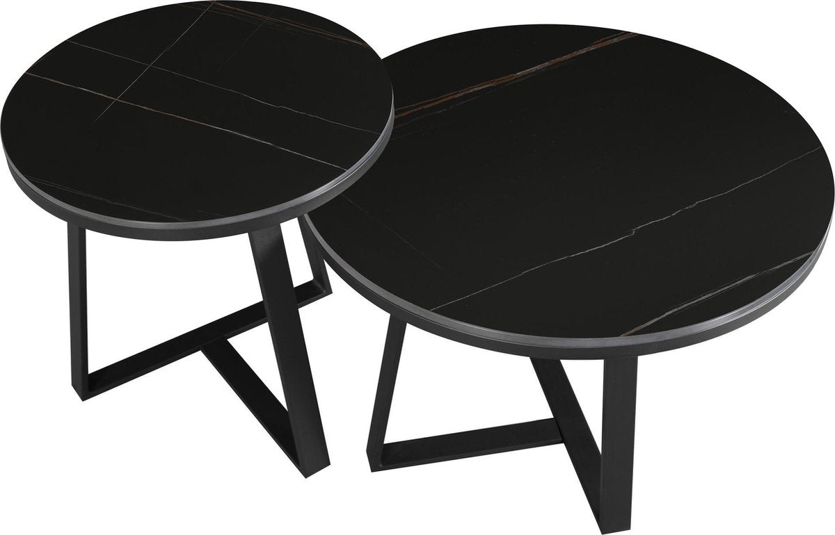 Salontafel Set van 2 Tanner Rond Marmerlook Zwart Rond