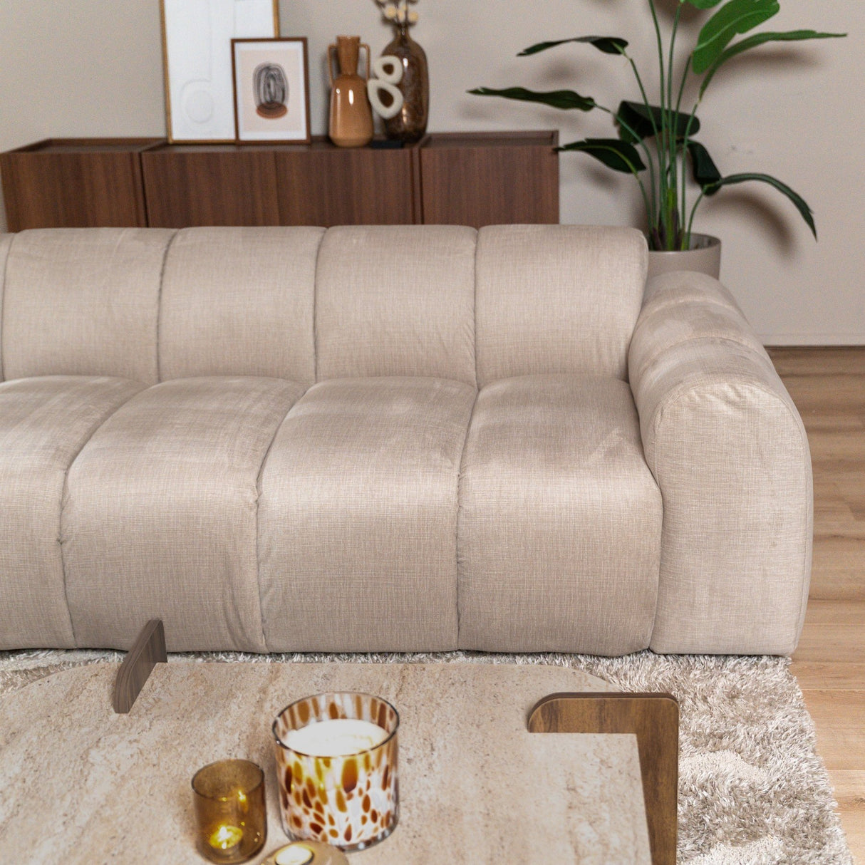 Banken-Hoekbank met lounge beige velvet structuurstof - strepen - links - Brix-Dimehouse
