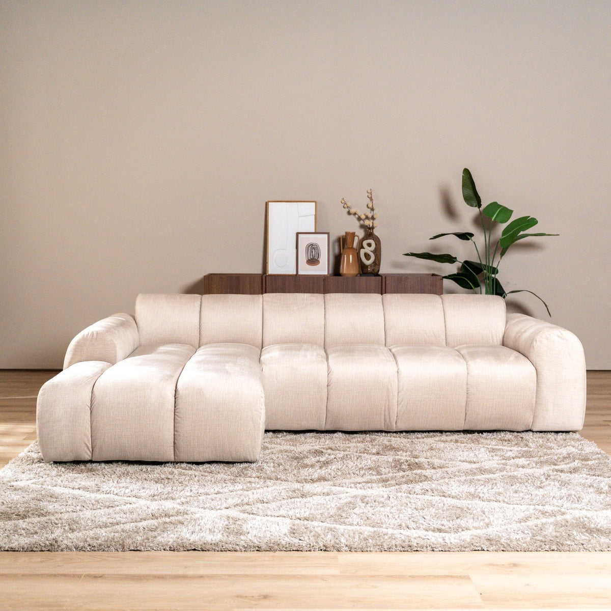 Banken-Hoekbank met lounge beige velvet structuurstof - strepen - links - Brix-Dimehouse