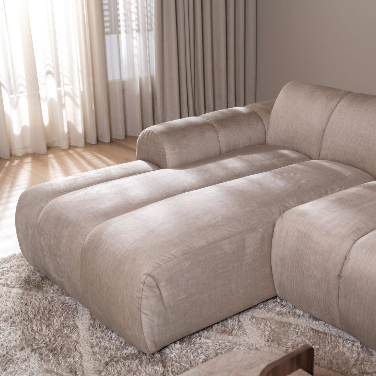 Banken-Hoekbank met lounge beige velvet structuurstof - strepen - links - Brix-Dimehouse