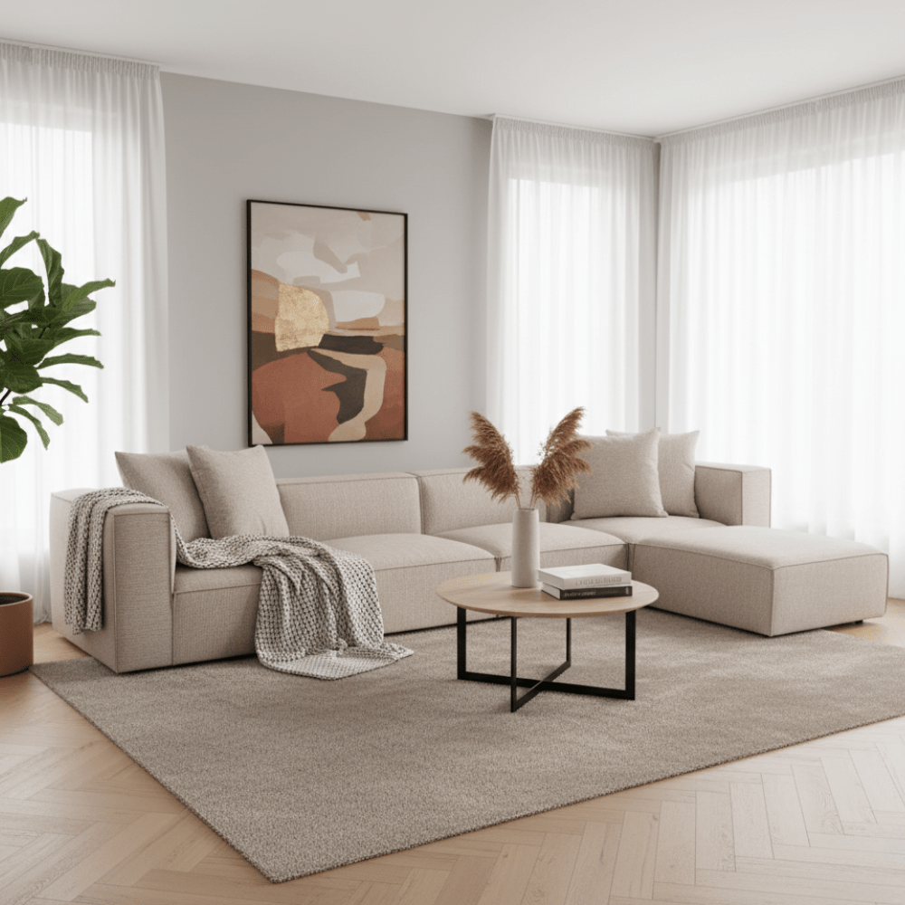 Modulaire XXL hoekbank beige linnen 430 cm breed Sora - rechts