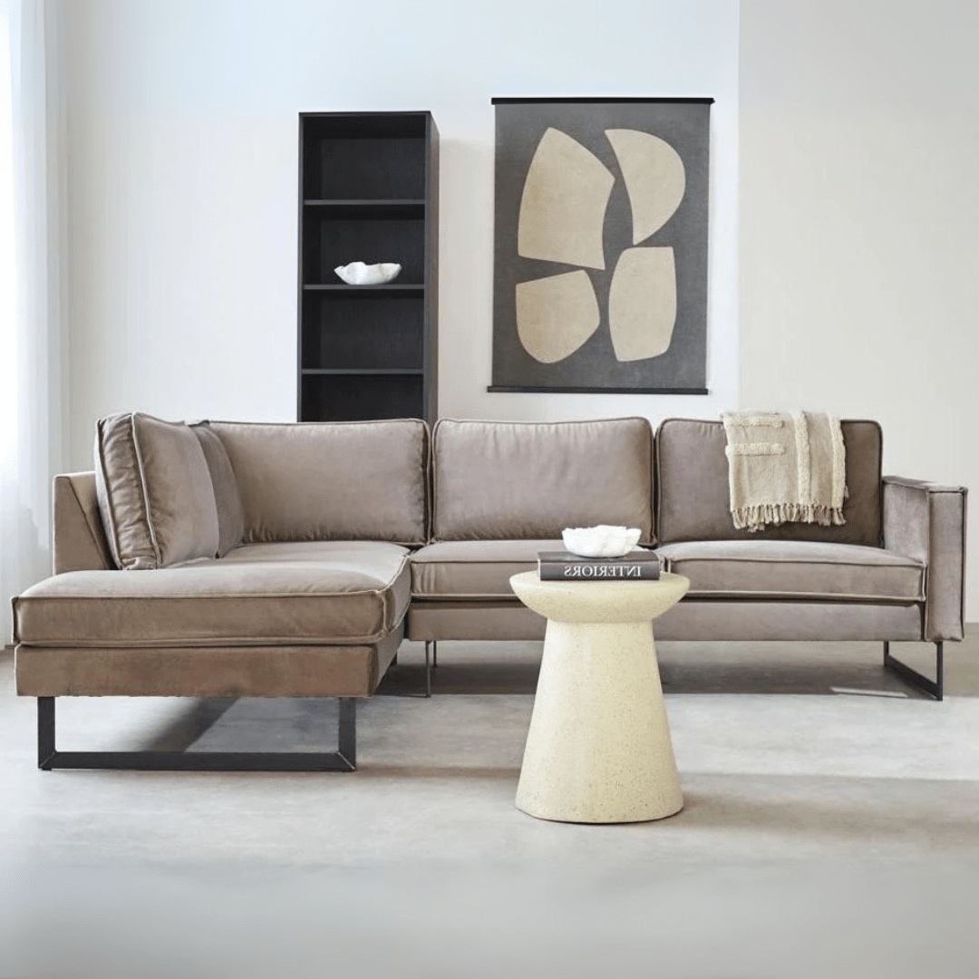 Hoekbank champagne taupe velvet losse kussens Quinn - links