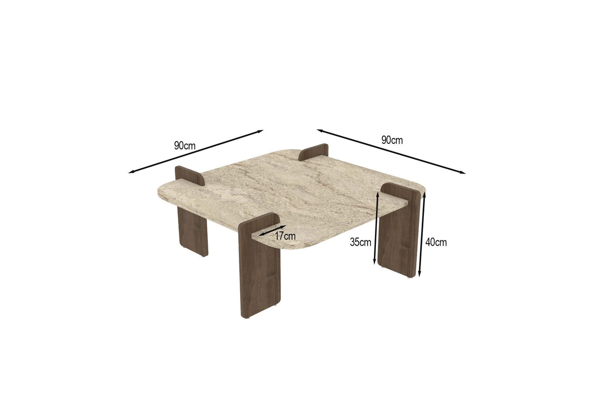 Afrolli salontafel travertinlook walnoot 90x90 Travertinlook en walnoot Met melamine gecoat houtcomposiet