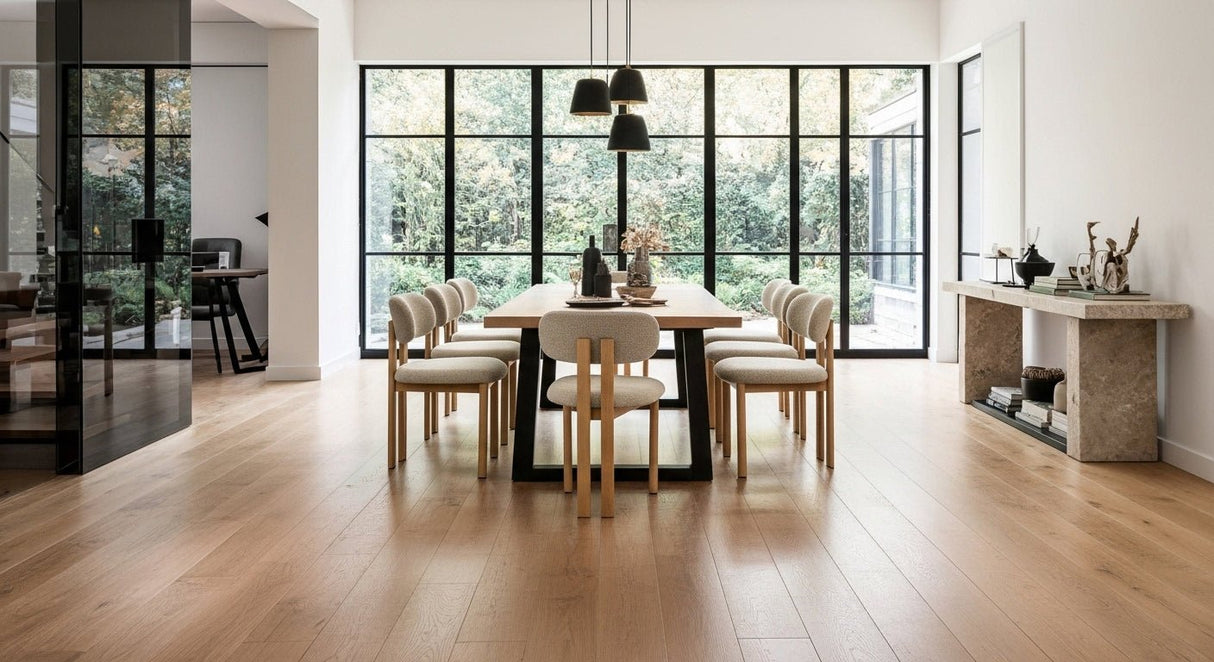 Japandi Eetkamerstoel Miyo Bouclé Zandkleur - Walnootlook Frame