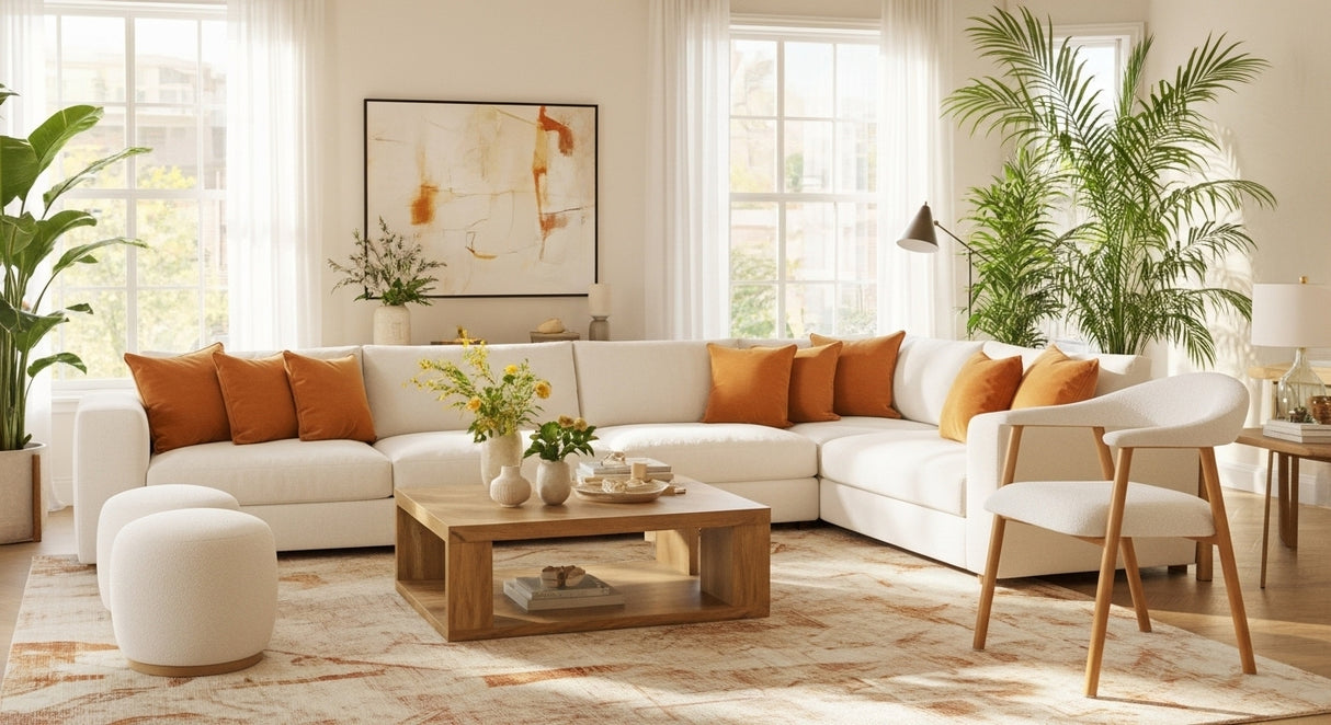 Japandi Eetkamerstoel Beige Bouclé Suki - Eikenlook Frame - Met Armleuning