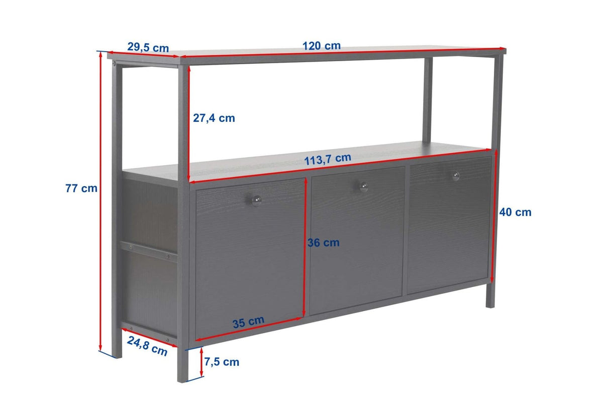 Dressoir Atlantisch Dennenhout Saloce - Zwart Frame - Drie Vakken - 120x77 cm