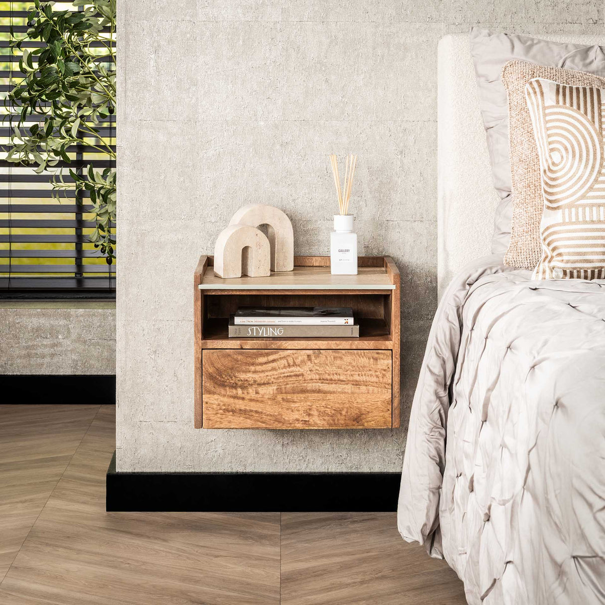 Orto Hangend Nachtkastje 1 Lade 1 Vak Mangohout Keramiek