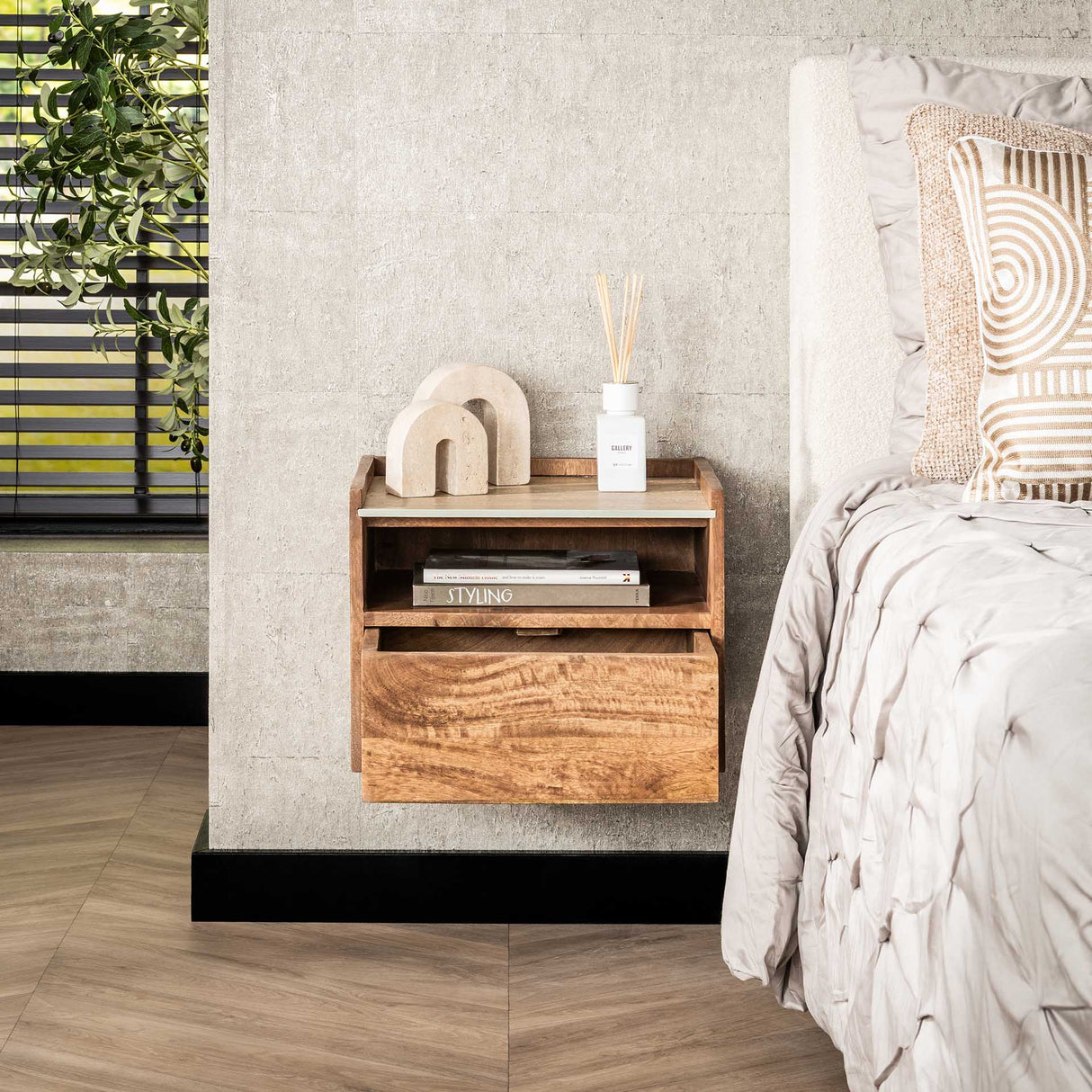 Orto Hangend Nachtkastje 1 Lade 1 Vak Mangohout Keramiek