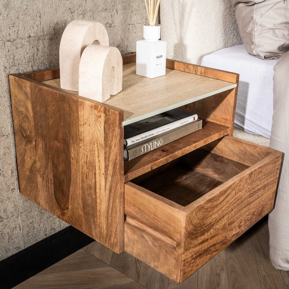 Orto Hangend Nachtkastje 1 Lade 1 Vak Mangohout Keramiek