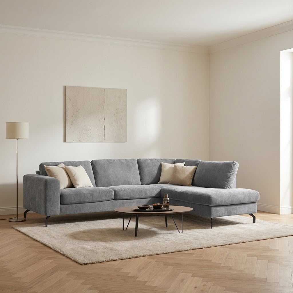 3-zits hoekbank Perla stof grijs rechts sfeerfoto in modern interieur