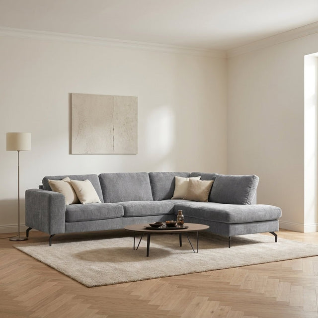 3-zits hoekbank Perla stof grijs rechts sfeerfoto in modern interieur