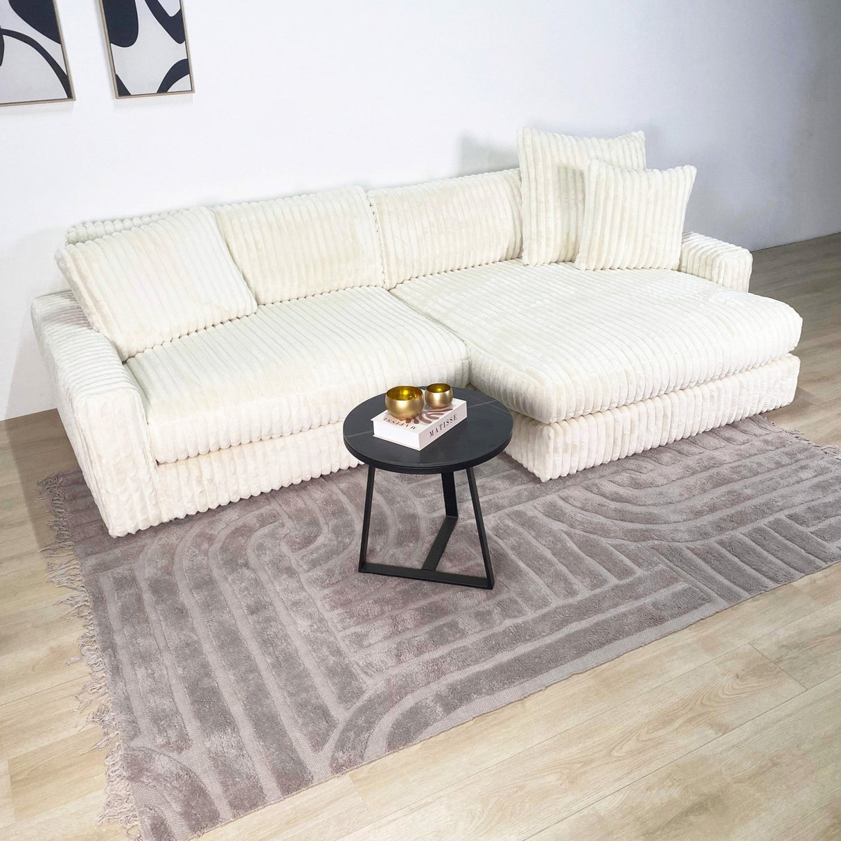 3-zits hoekbank XXL Beige Ribstof plofbank Nia