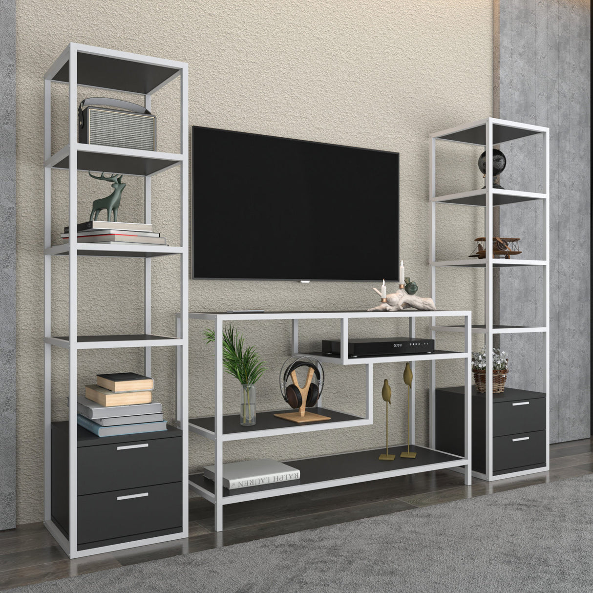 TV Meubel Set Robbins White Wit Antraciet Melamine 198x160x39 cm