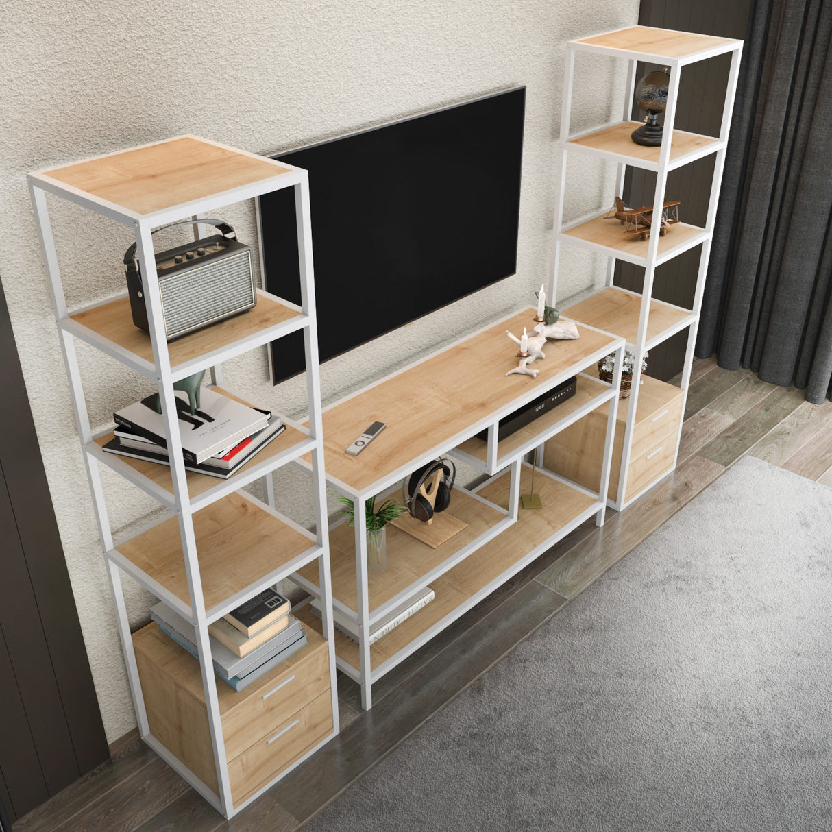 TV Meubel Set Robbins White Wit Eik Melamine 198x160x39 cm