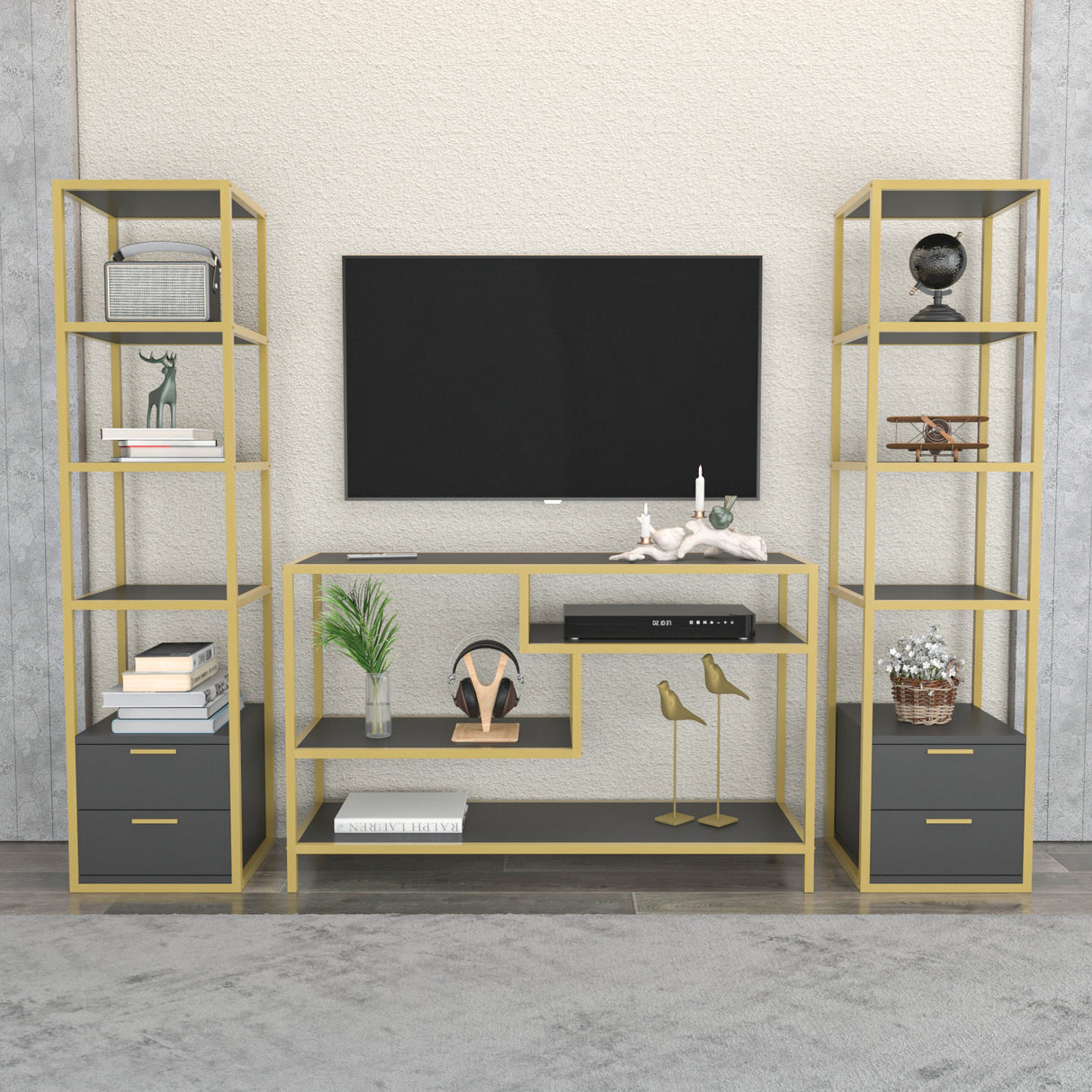 TV Meubel Set Robbins Gold Goud Antraciet Melamine 198x160x39 cm