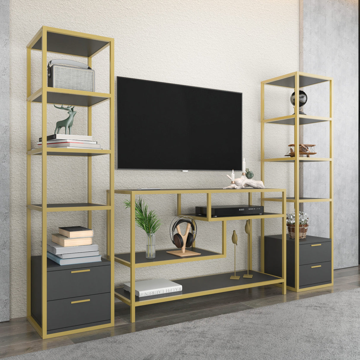 TV Meubel Set Robbins Gold Goud Antraciet Melamine 198x160x39 cm