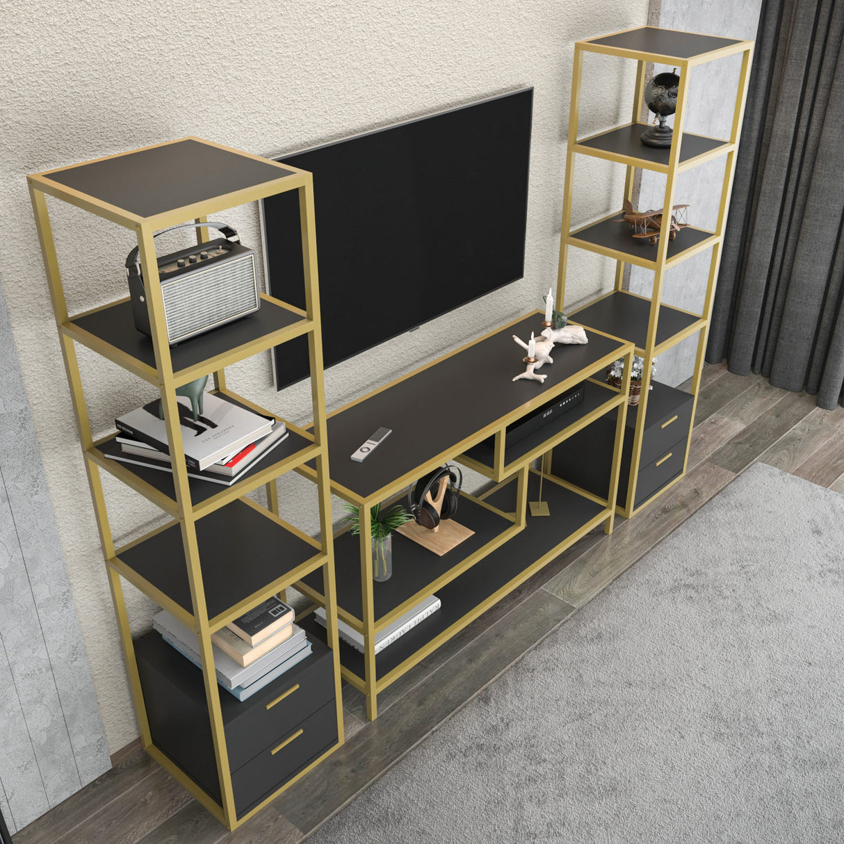 TV Meubel Set Robbins Gold Goud Antraciet Melamine 198x160x39 cm