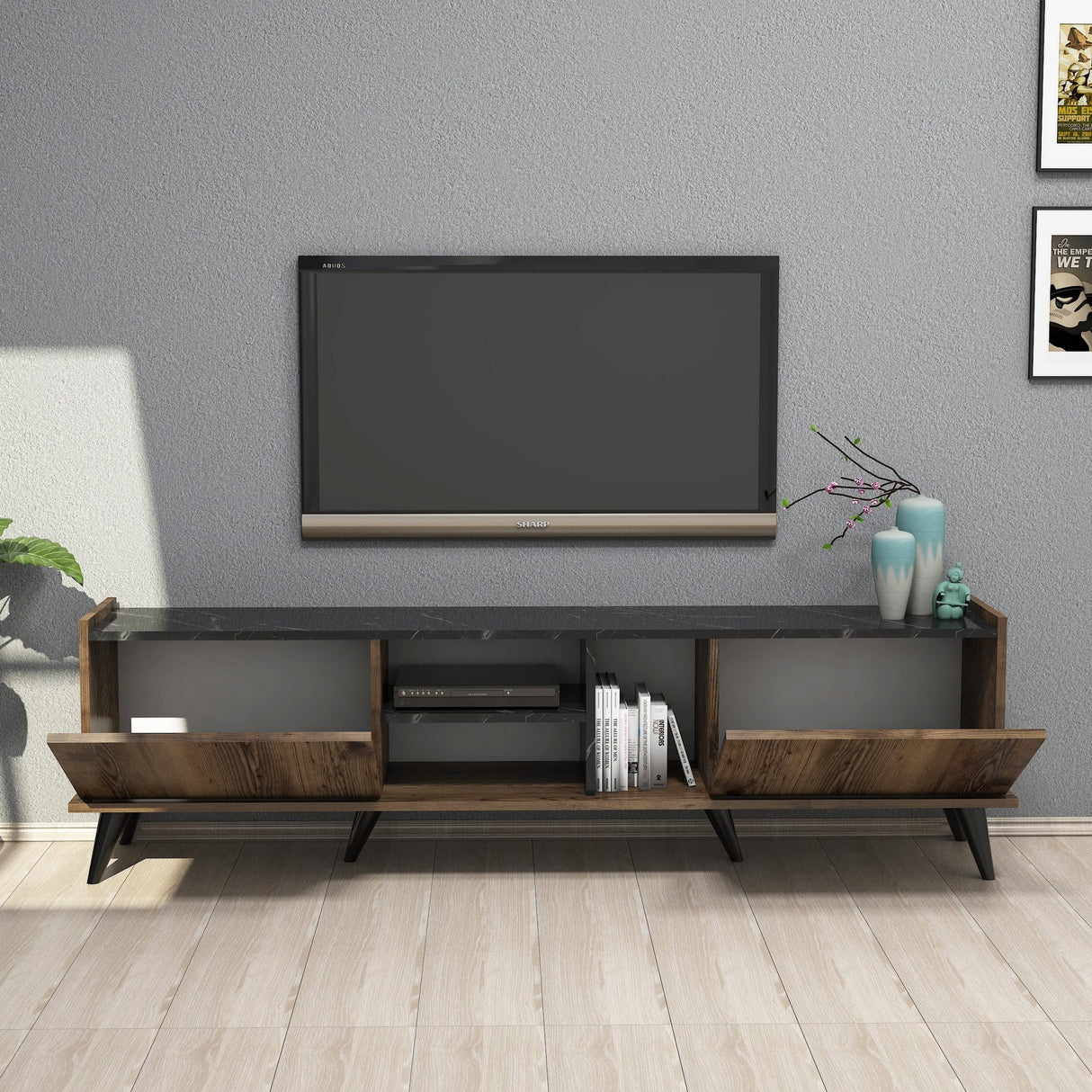 TV Meubel Elegante Walnoot Zwart Melamine 180x52x34 cm