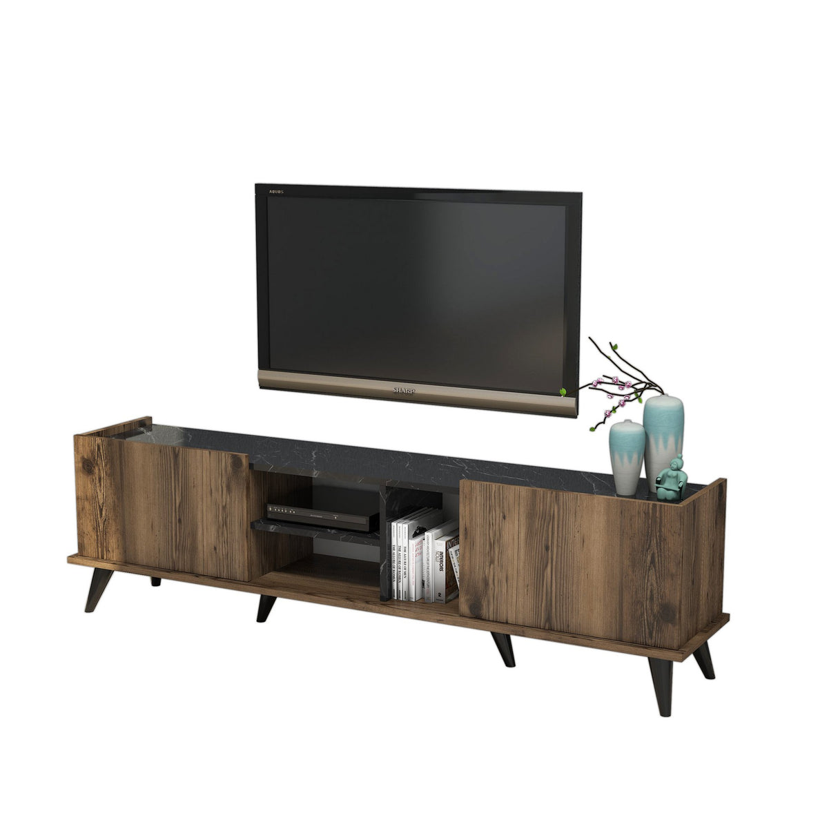 TV Meubel Elegante Walnoot Zwart Melamine 180x52x34 cm