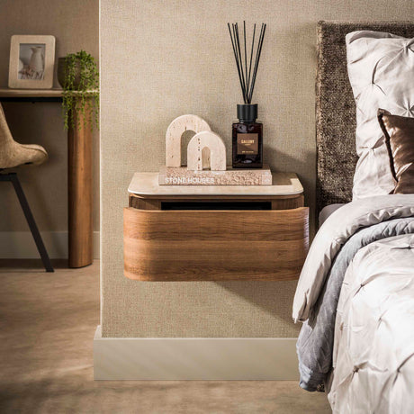 Zwevend nachtkastje met 1 lade keramiek travertin eikenhout Cady