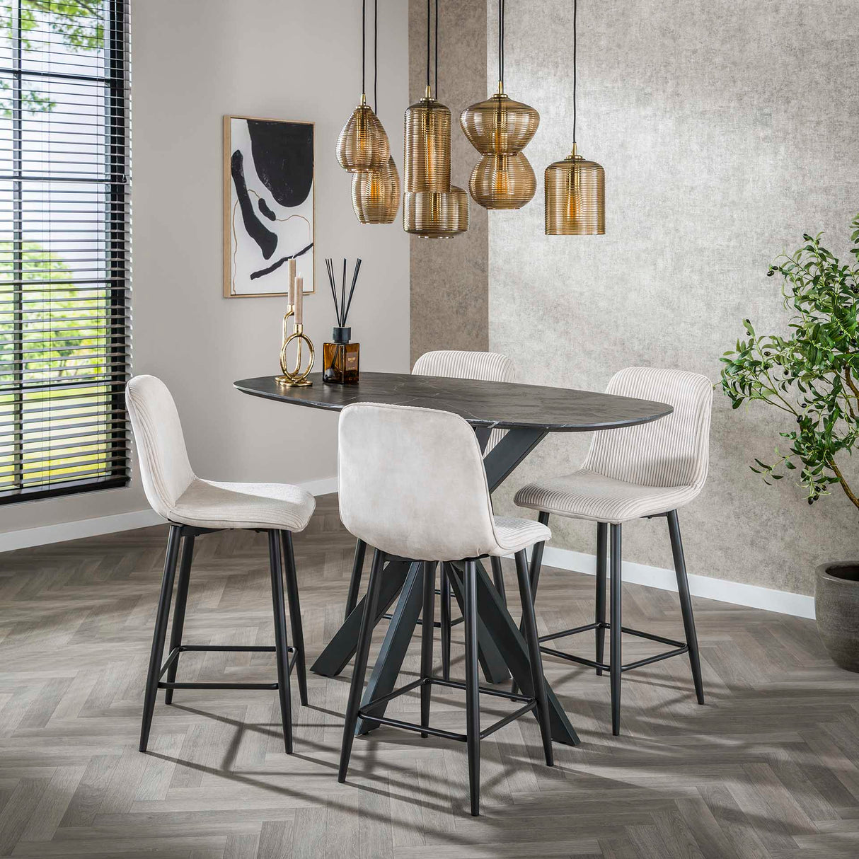 Moderne Barkruk Lento Rib Rock Stof Ivoor Ribstructuur