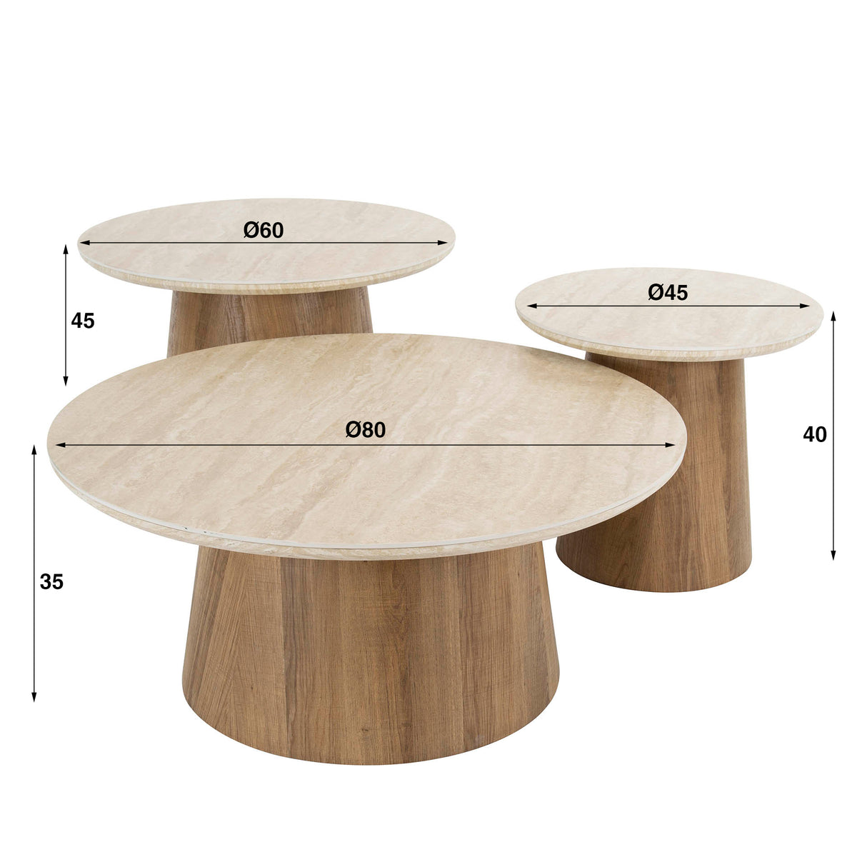Jimi Ronde Salontafel set van 3 Keramiek Travertine