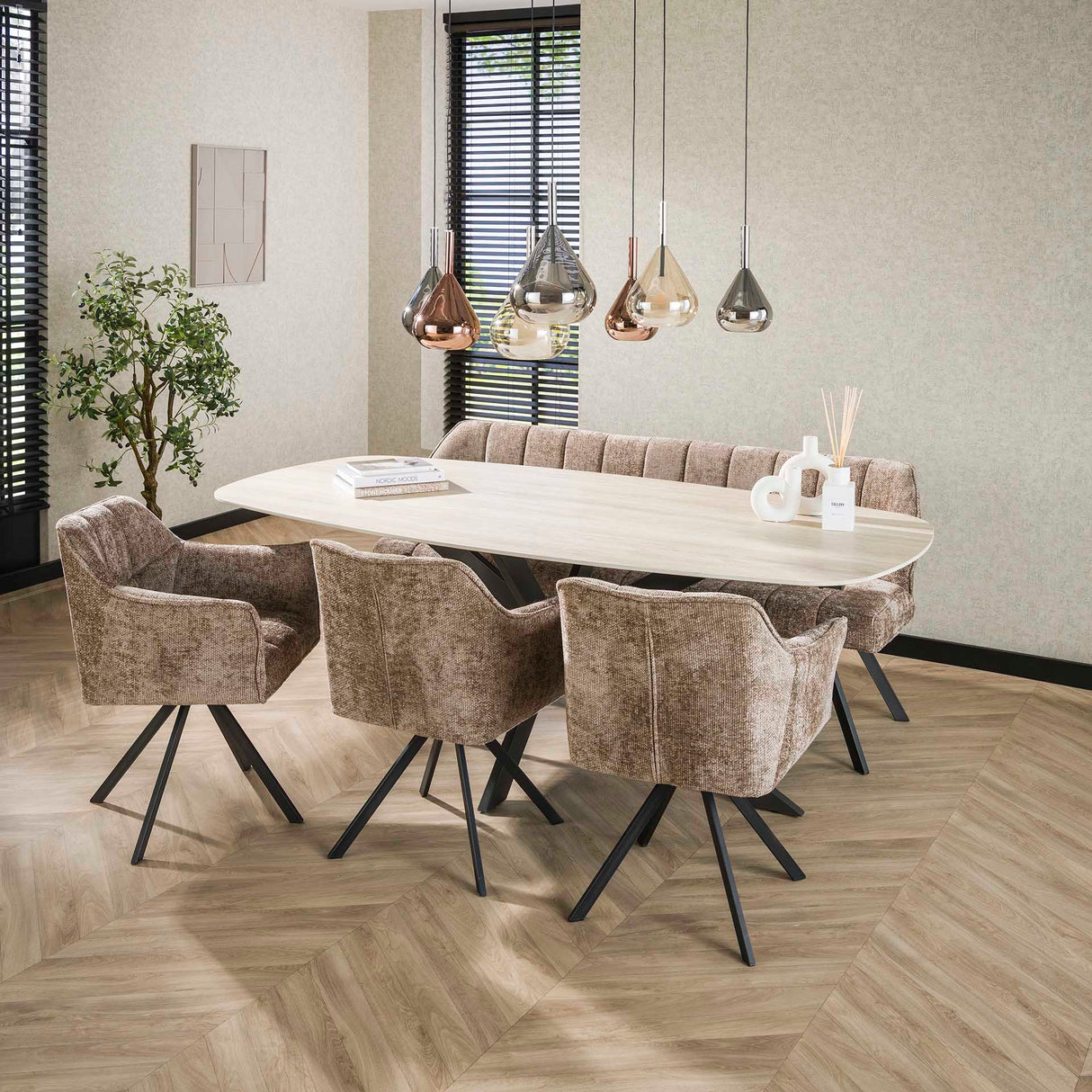 Valente Ovaal 215 Travertine 3D Keramiek Eettafel