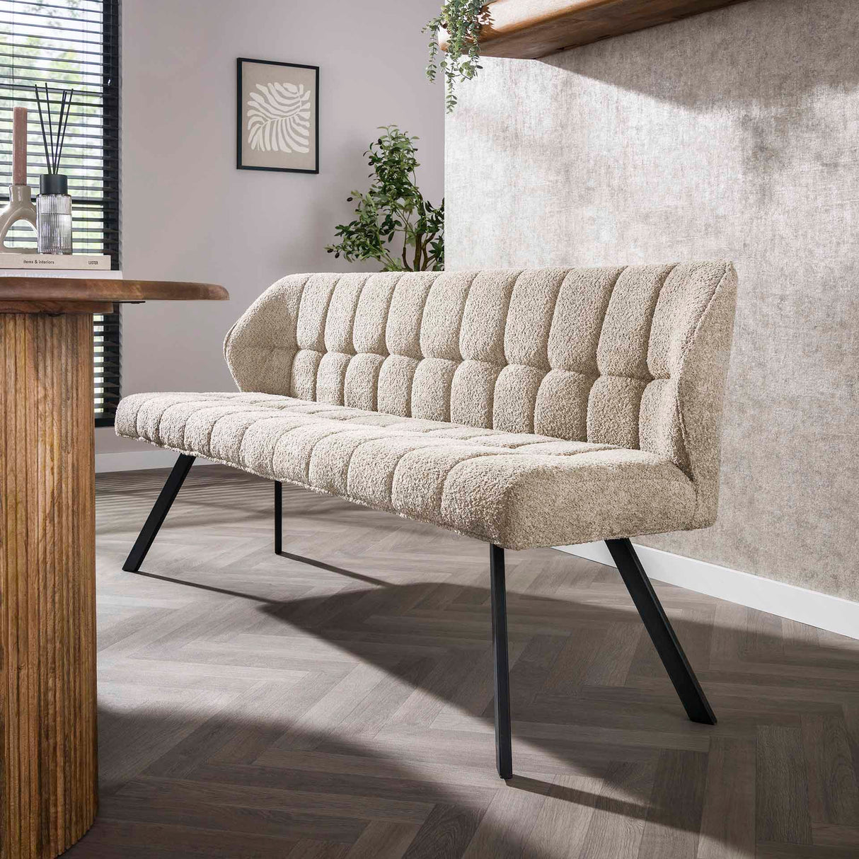 Eetkamerbank Lino Bouclé Stof Zand 180 cm Geblokt