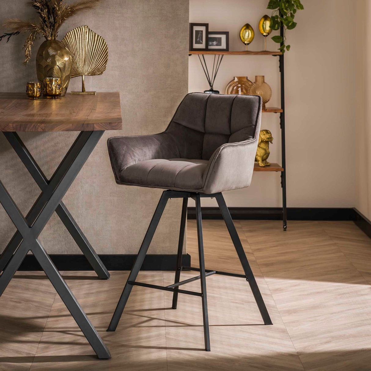 Draaibare Barstoel Lino Antraciet Velvet - Zithoogte 69 cm