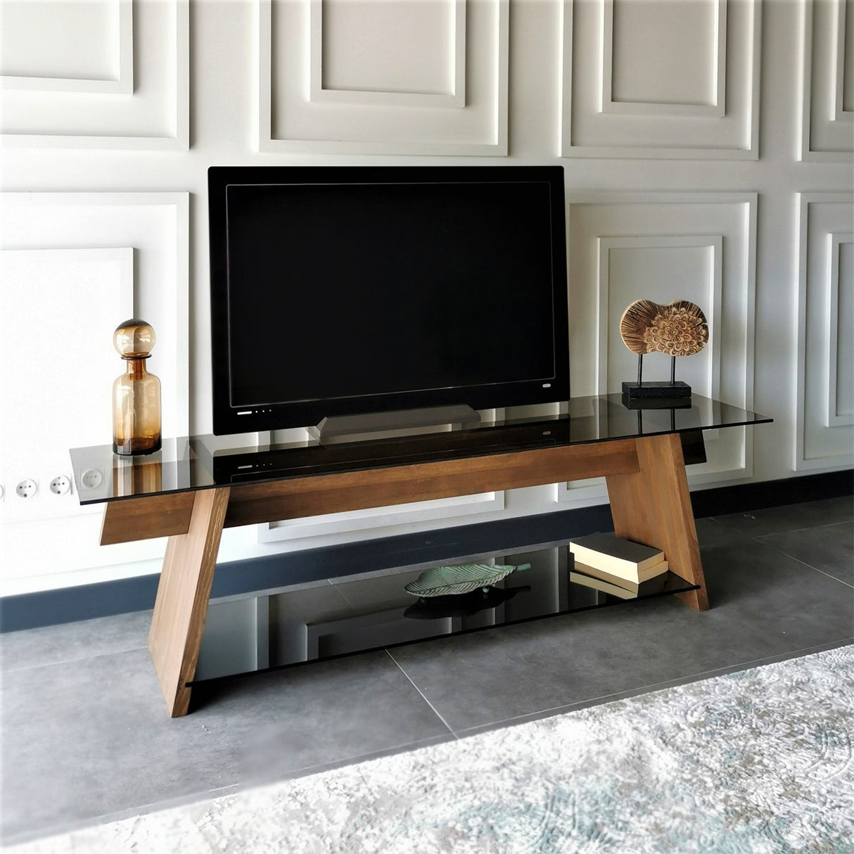 TV Meubel Coral Walnoot Zwart Glas 158x45x40 cm