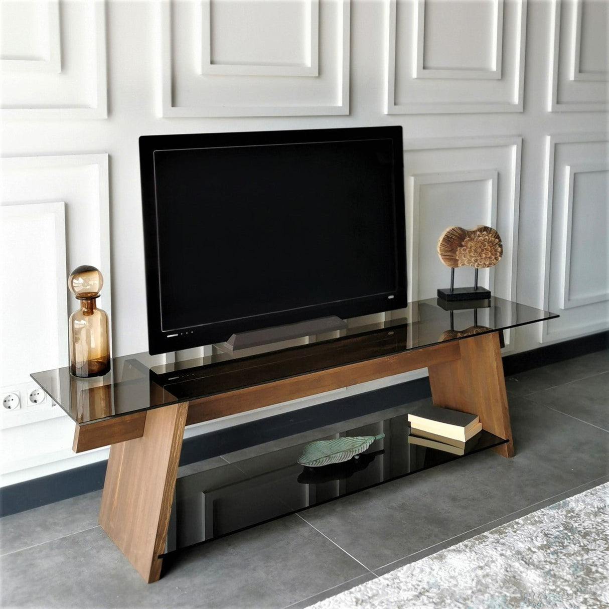 TV Meubel Coral Walnoot Zwart Glas 158x45x40 cm