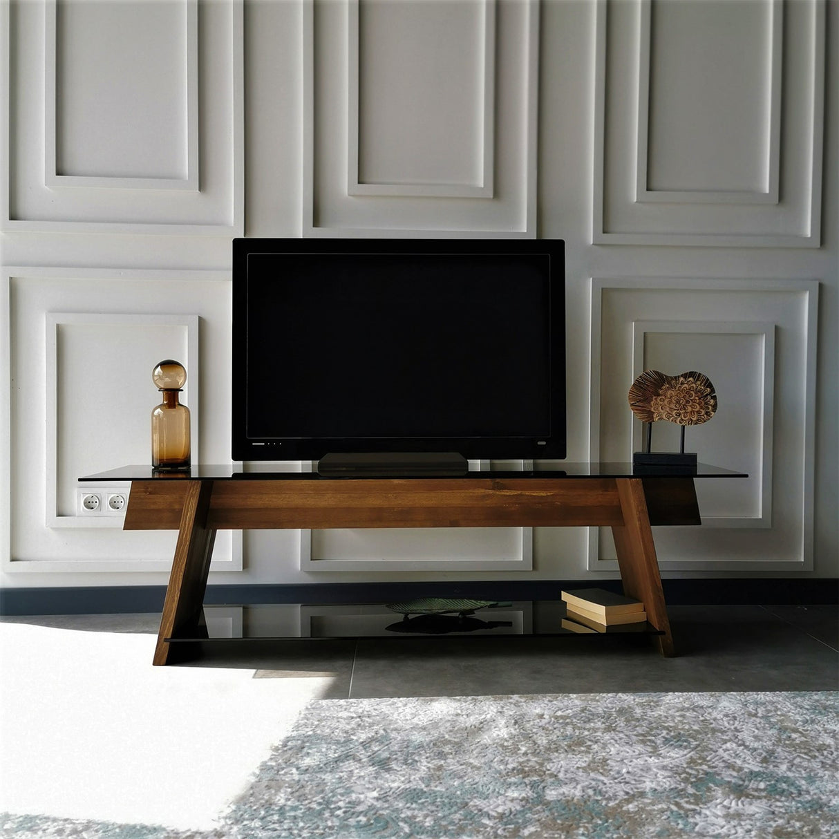 TV Meubel Coral Walnoot Zwart Glas 158x45x40 cm