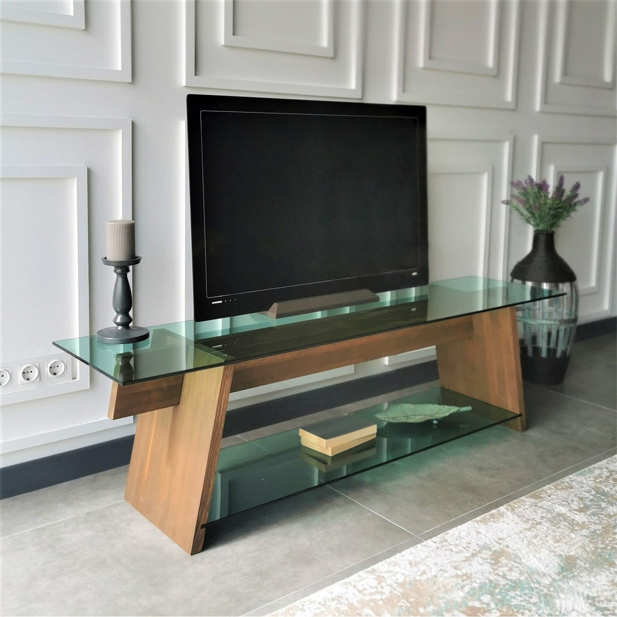 TV Meubel Coral Walnoot Groen Glas 158x45x40 cm