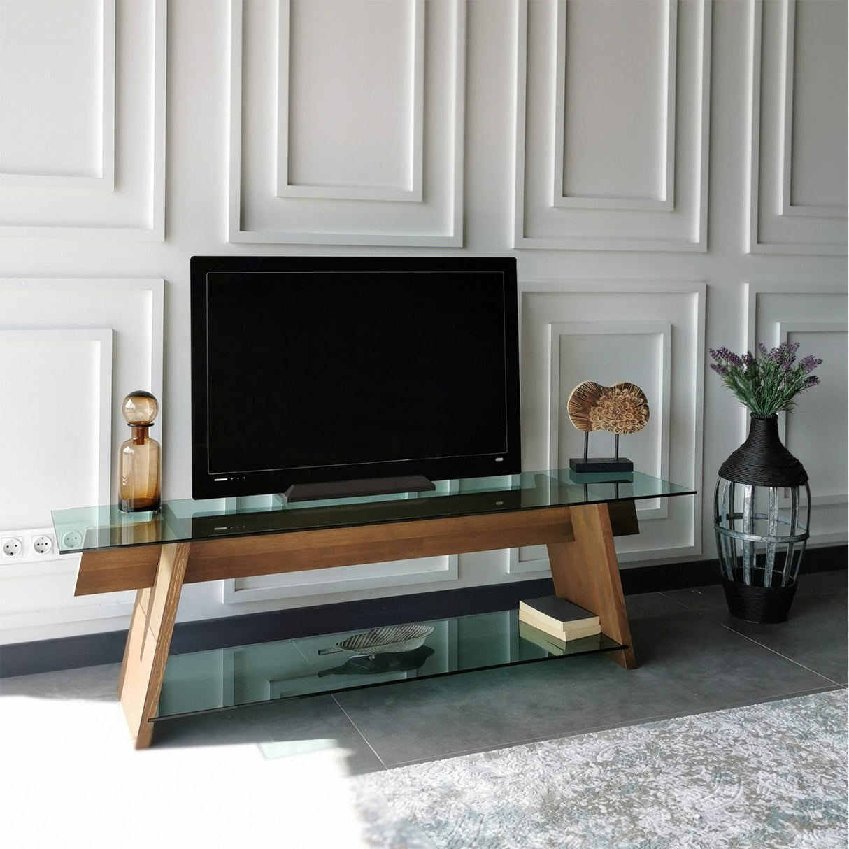 TV Meubel Coral Walnoot Groen Glas 158x45x40 cm