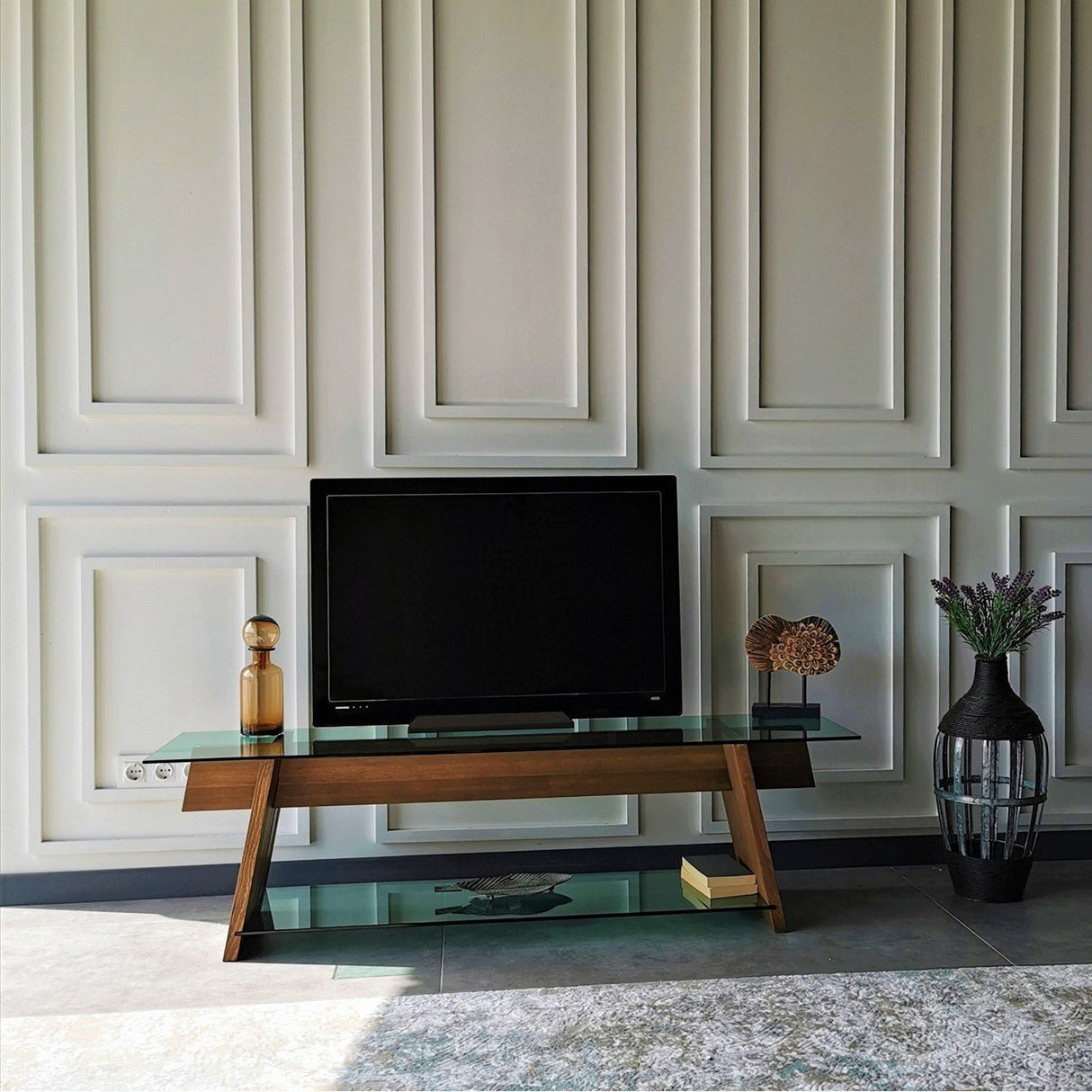 TV Meubel Coral Walnoot Groen Glas 158x45x40 cm