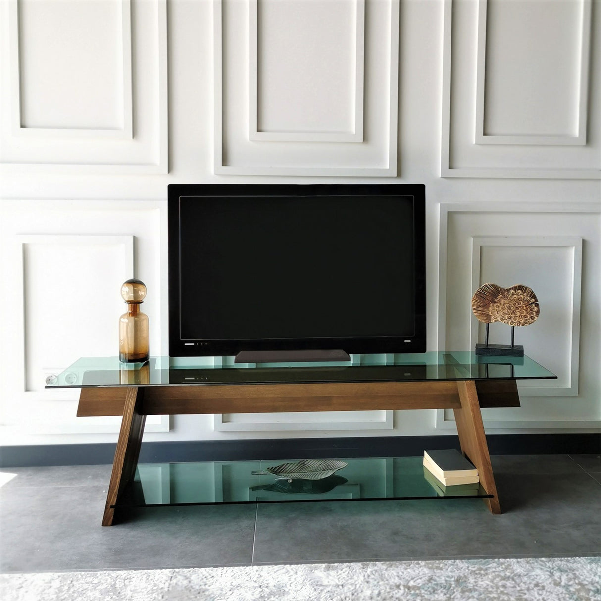 TV Meubel Coral Walnoot Groen Glas 158x45x40 cm