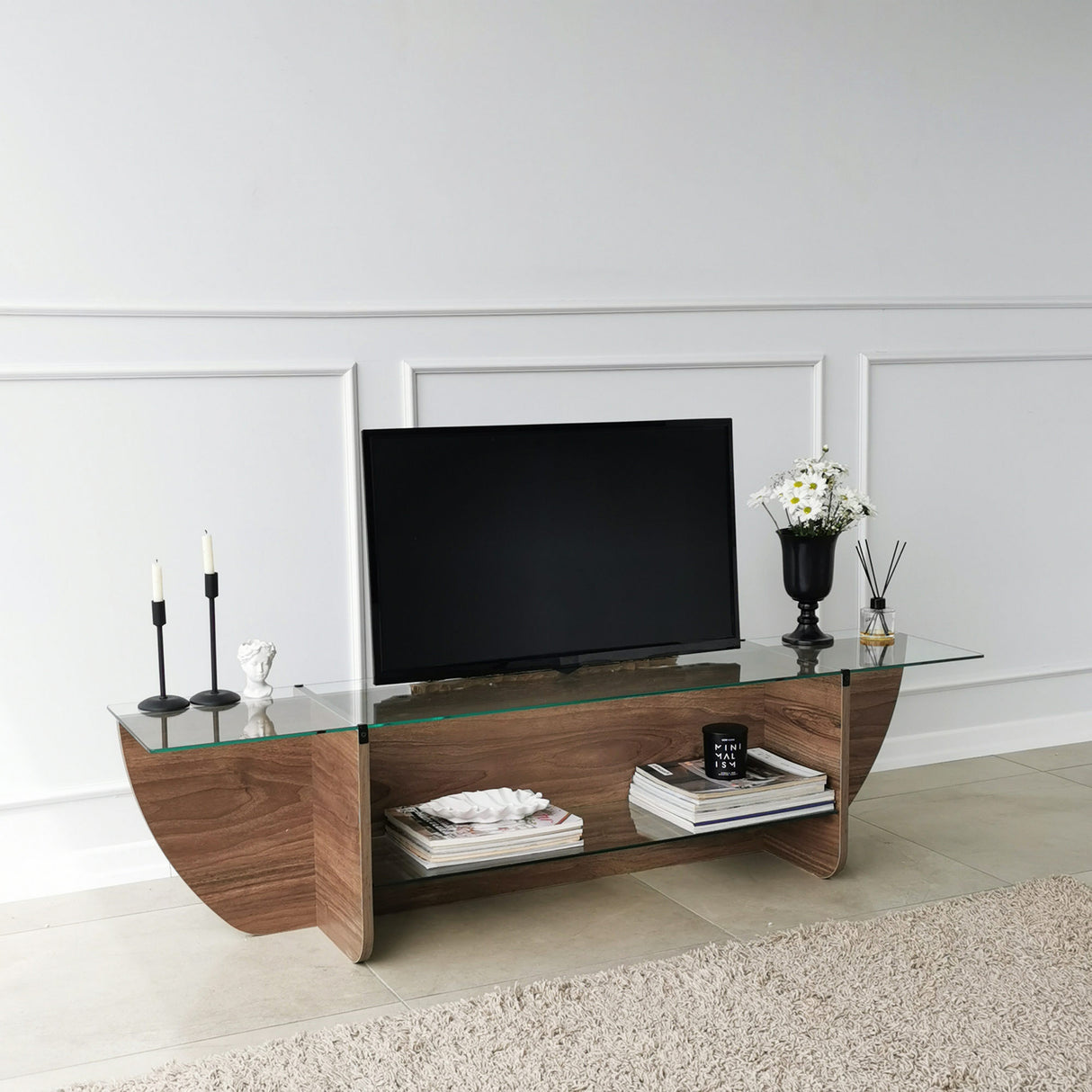 TV Meubel Lily TV Walnoot Glas 158x40x35 cm