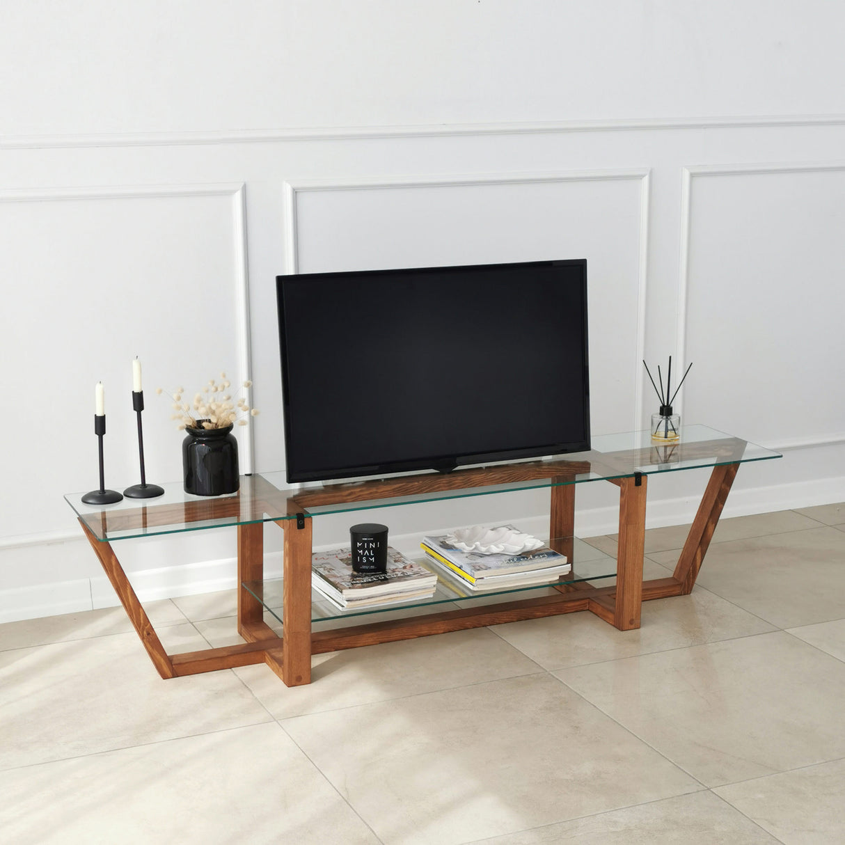 TV Meubel Amaufi Walnoot Glas 158x35x35 cm