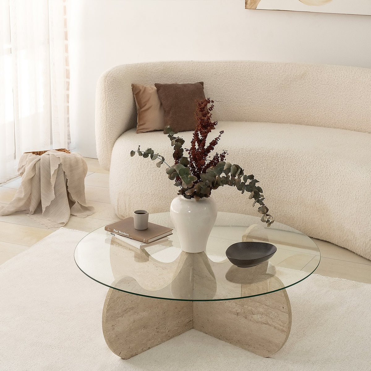 Salontafel Rond Glas 75 cm Travertin - Hima – Dimehouse