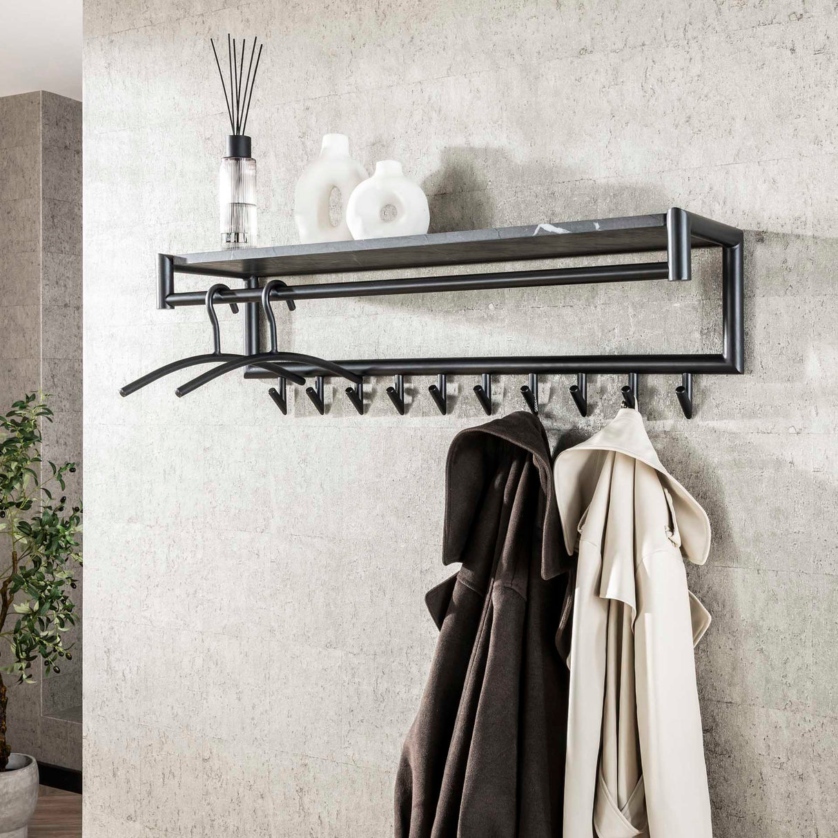 Kapstok Kimi 10-Haaks Zwart Ceramic - Met Roede en Hoedenplank